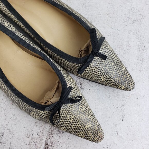 J CREW Italy Pointed Toe Pump Shoes Ballet Flats Textured Leather Snake Bow 8.5 - Picture 10 of 13